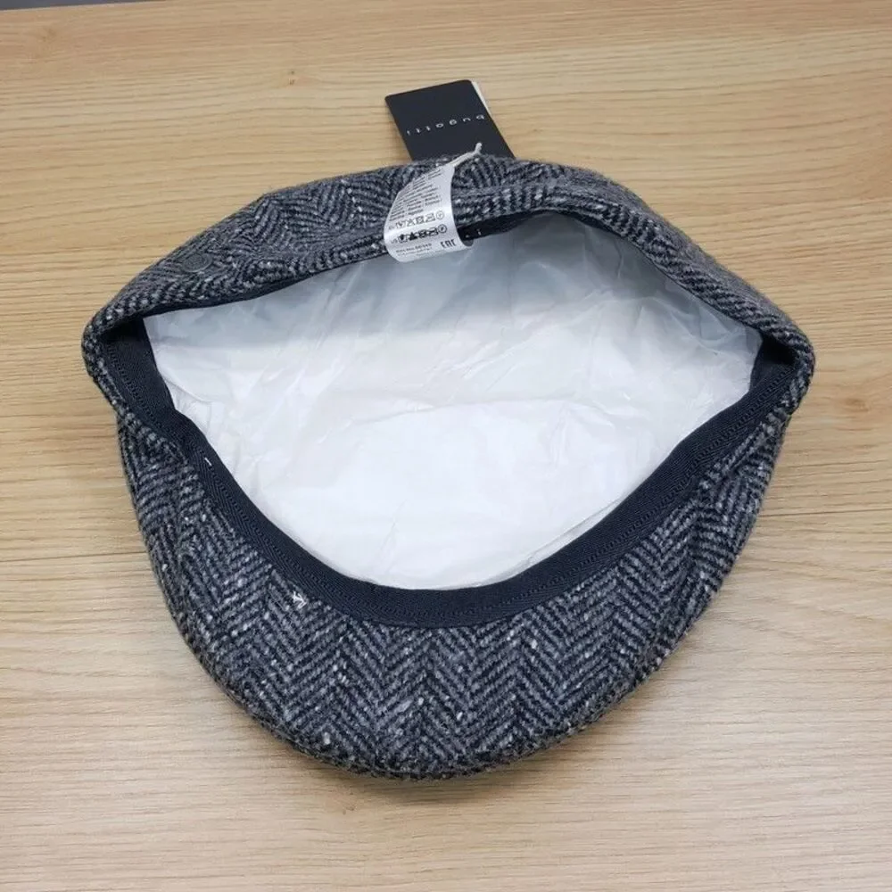 BUGATTI Baker Cap Mens Large Herringbone Light Grey Wool Blend Newsboy Flat Cap
